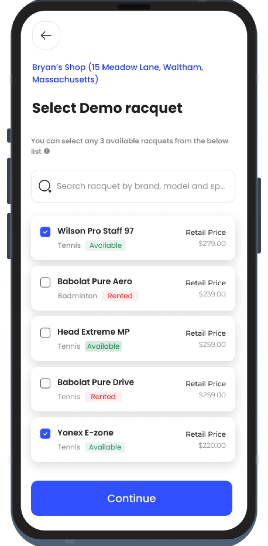 Select demo racquets on phone with player view
